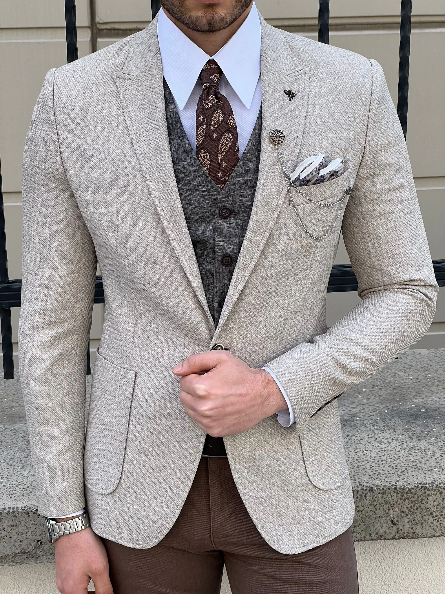 Bojoni Montebello Slim Fit High Quality Self Patterned Beige Suit