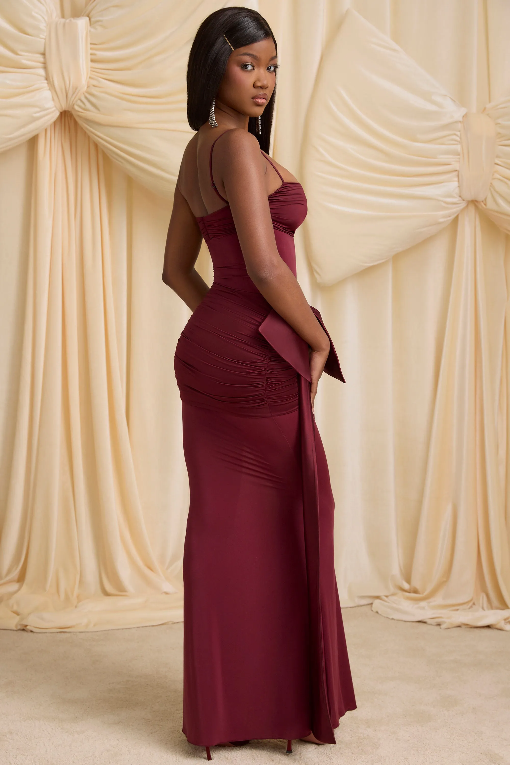 Bow-Detail Ruched Maxi Dress in Wine Red