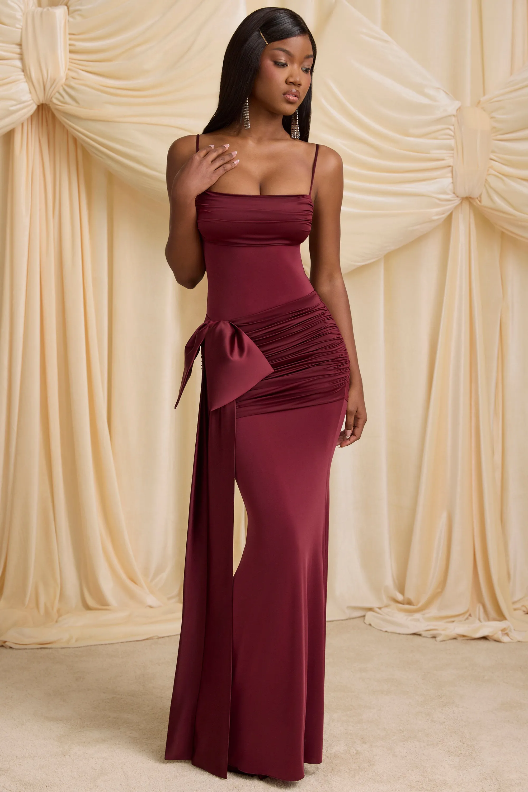 Bow-Detail Ruched Maxi Dress in Wine Red