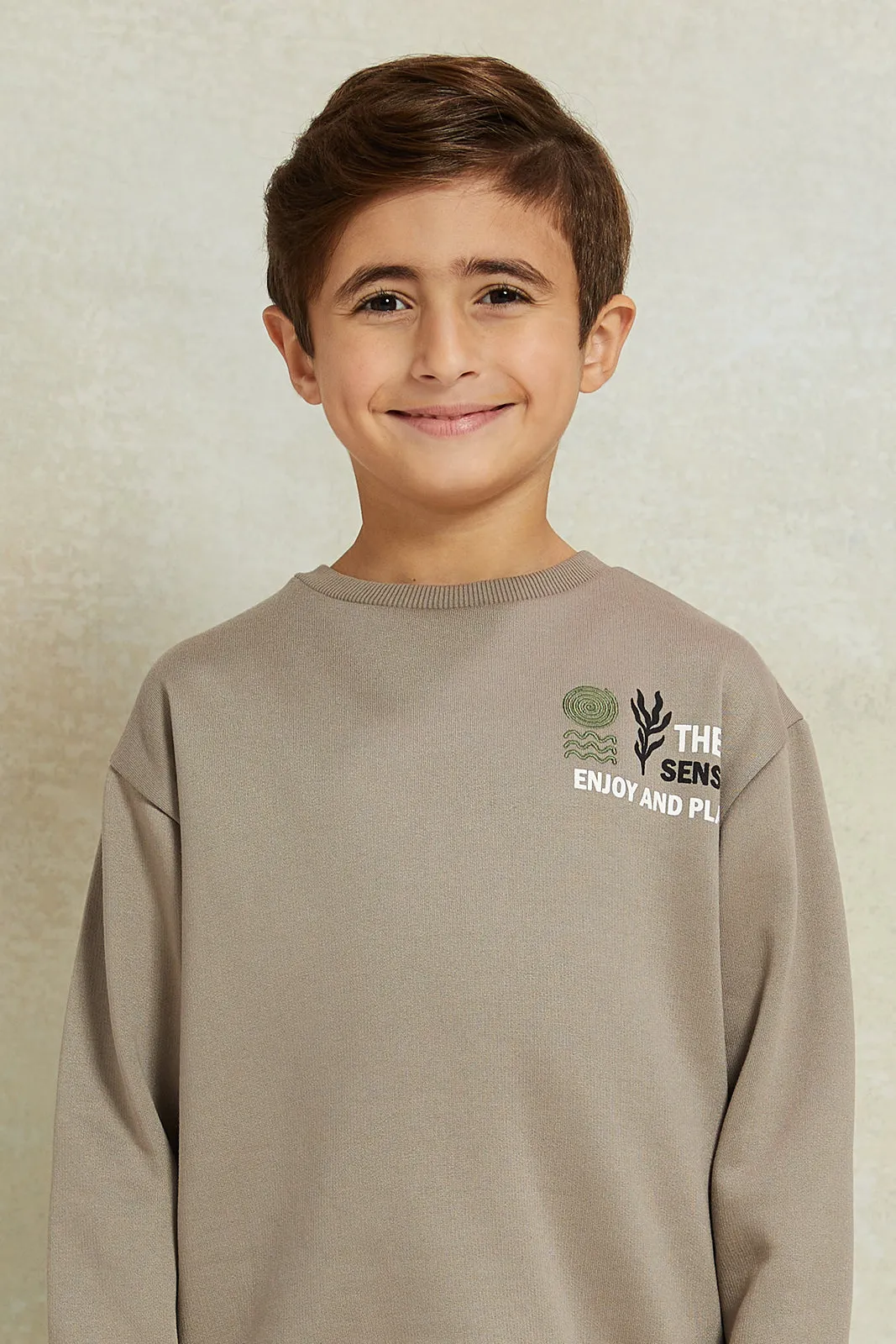 Boys Beige Oversize Embellished Sweatshirt