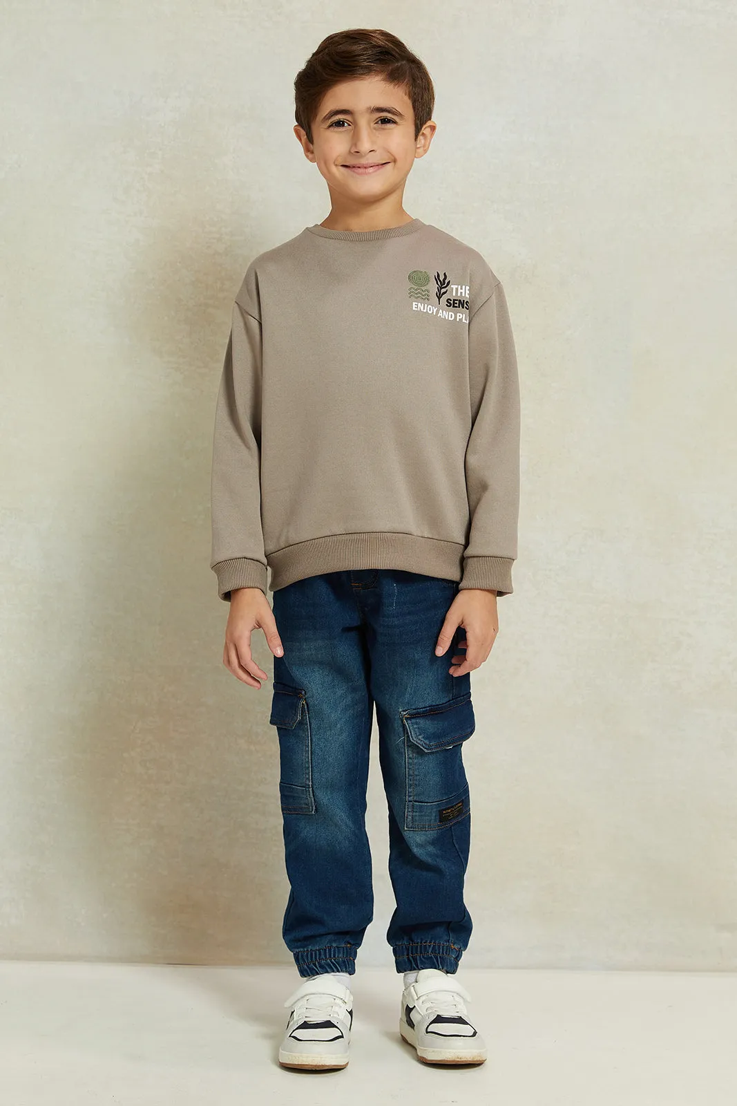 Boys Beige Oversize Embellished Sweatshirt