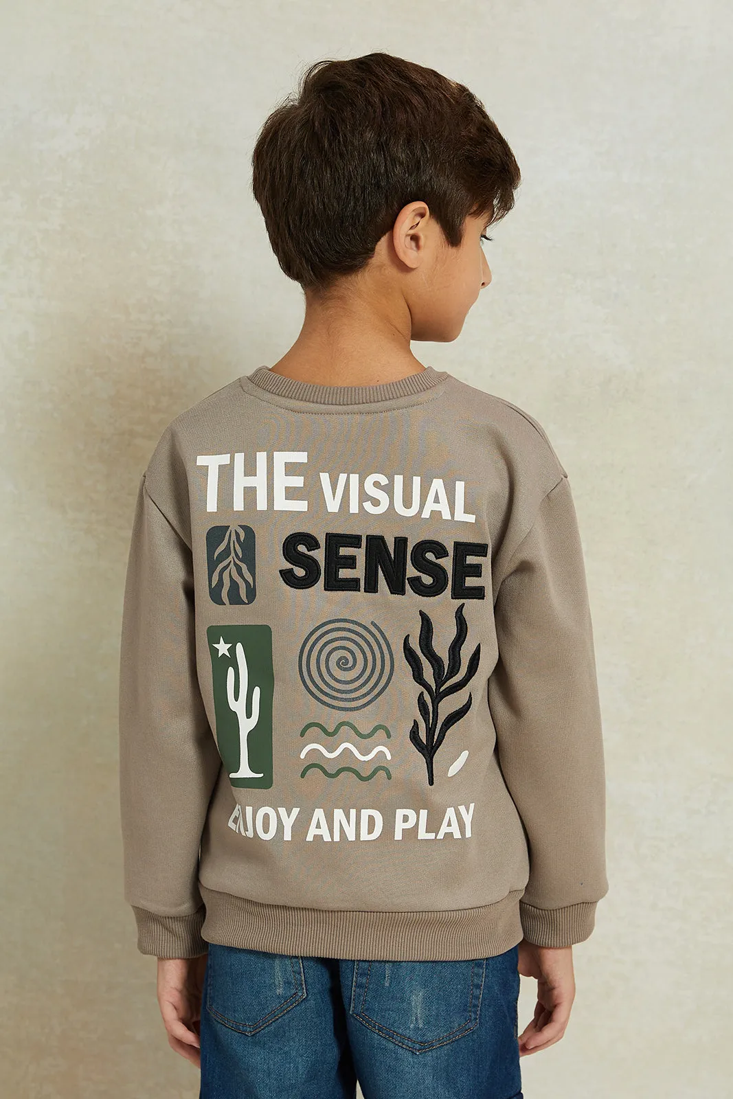 Boys Beige Oversize Embellished Sweatshirt