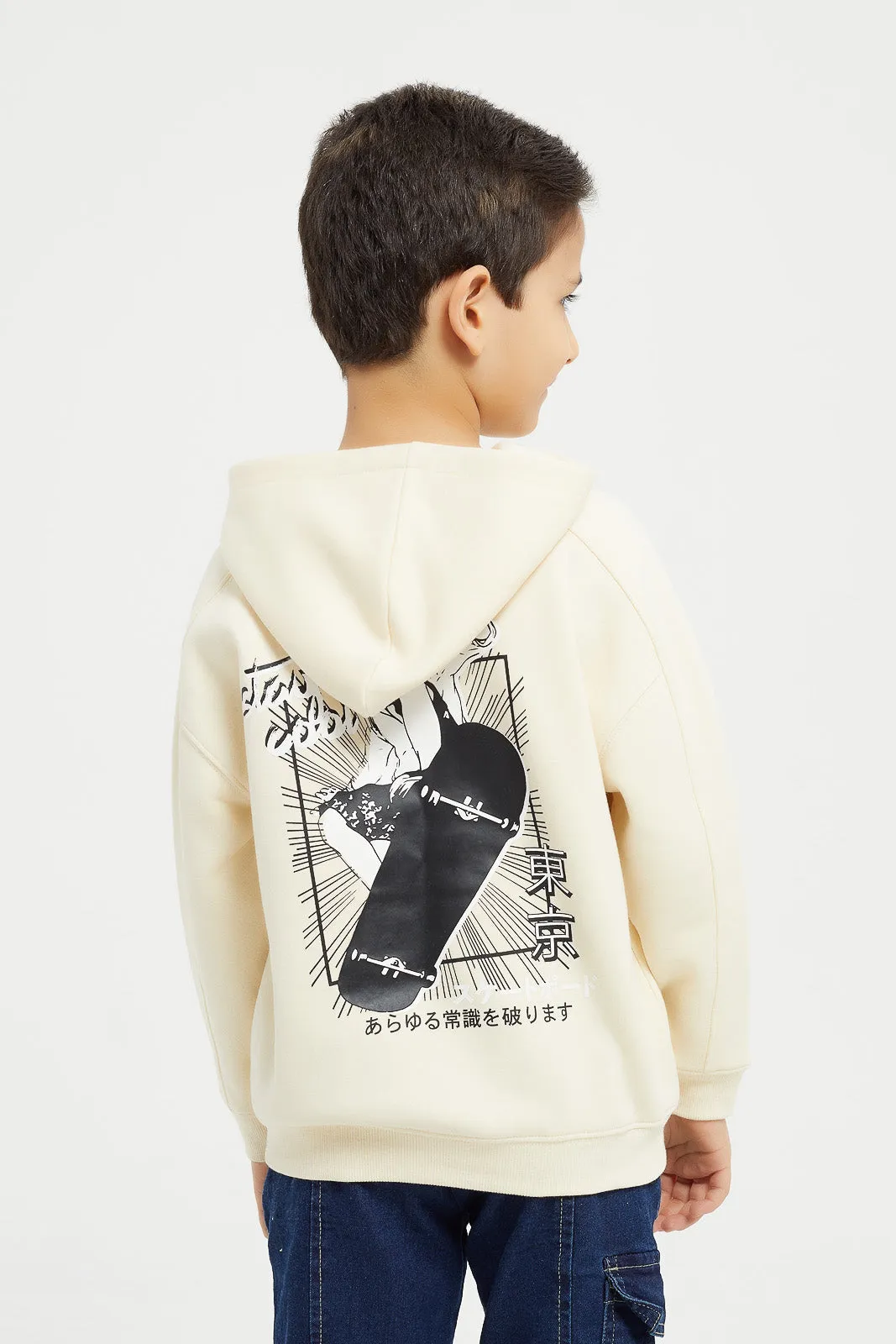 Boys Beige Printed Hooded Sweatshirt