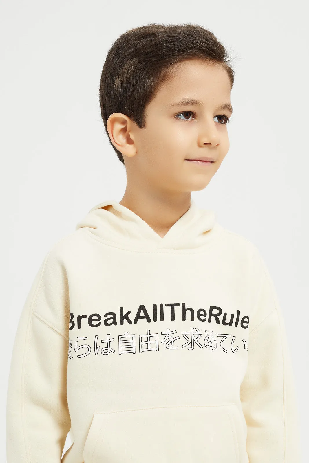 Boys Beige Printed Hooded Sweatshirt