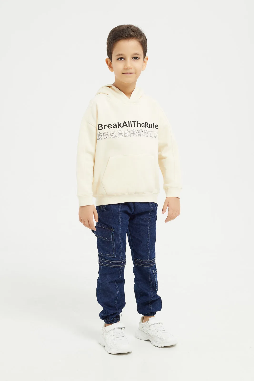 Boys Beige Printed Hooded Sweatshirt