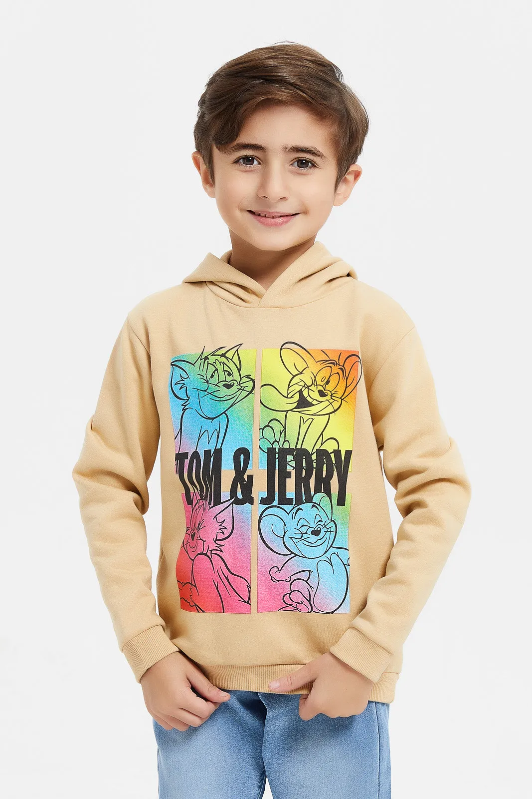 Boys Beige Tom And Jerry Hooded Sweatshirt