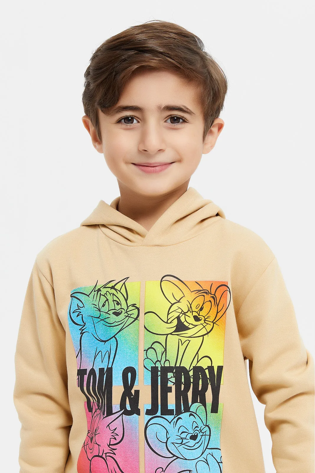 Boys Beige Tom And Jerry Hooded Sweatshirt