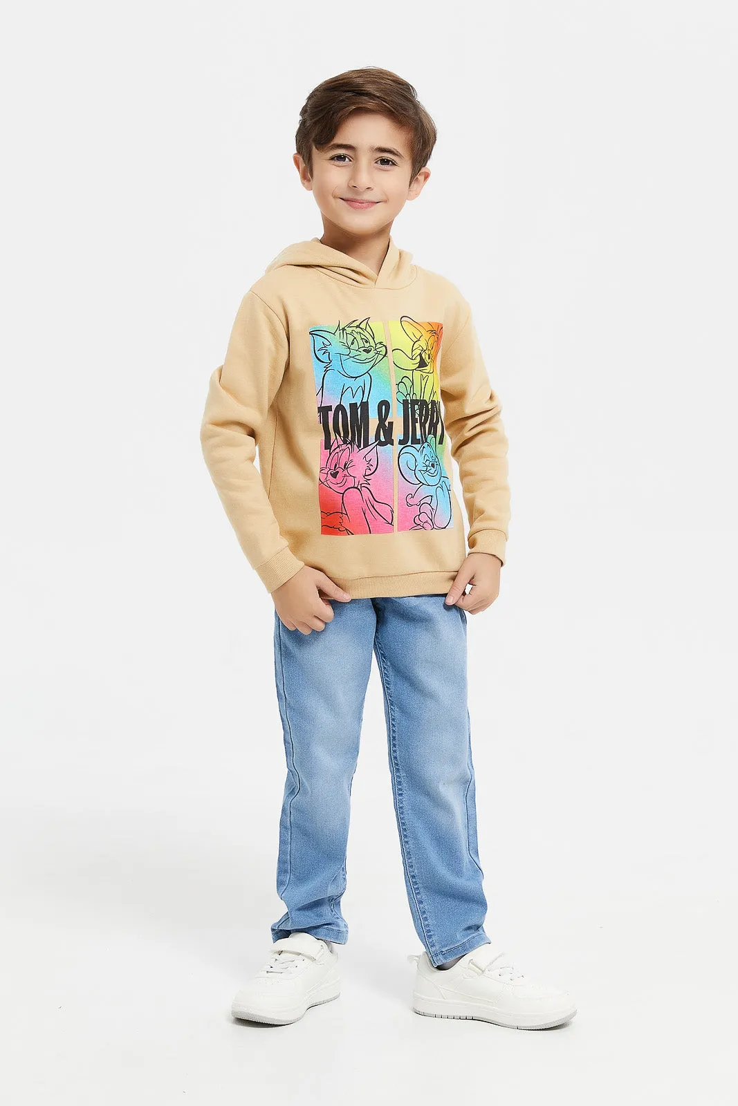 Boys Beige Tom And Jerry Hooded Sweatshirt