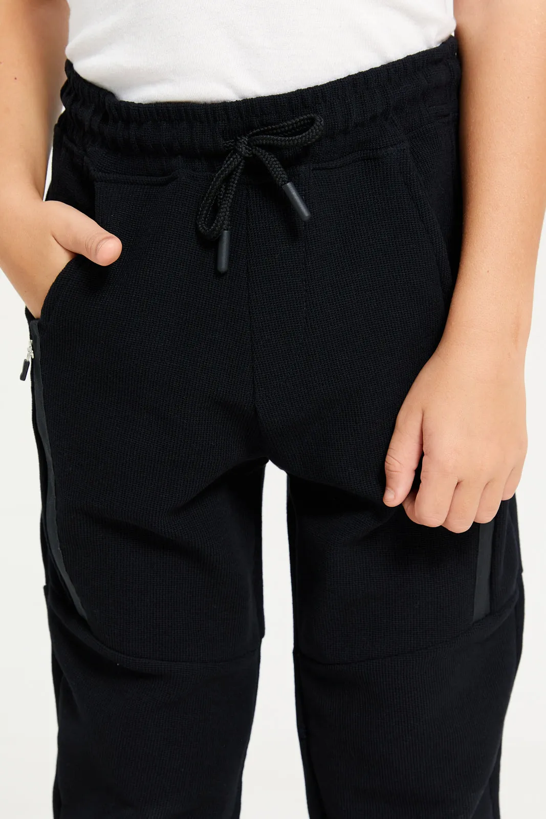 Boys Black Cut & Sew With Pocket Zipper Pant