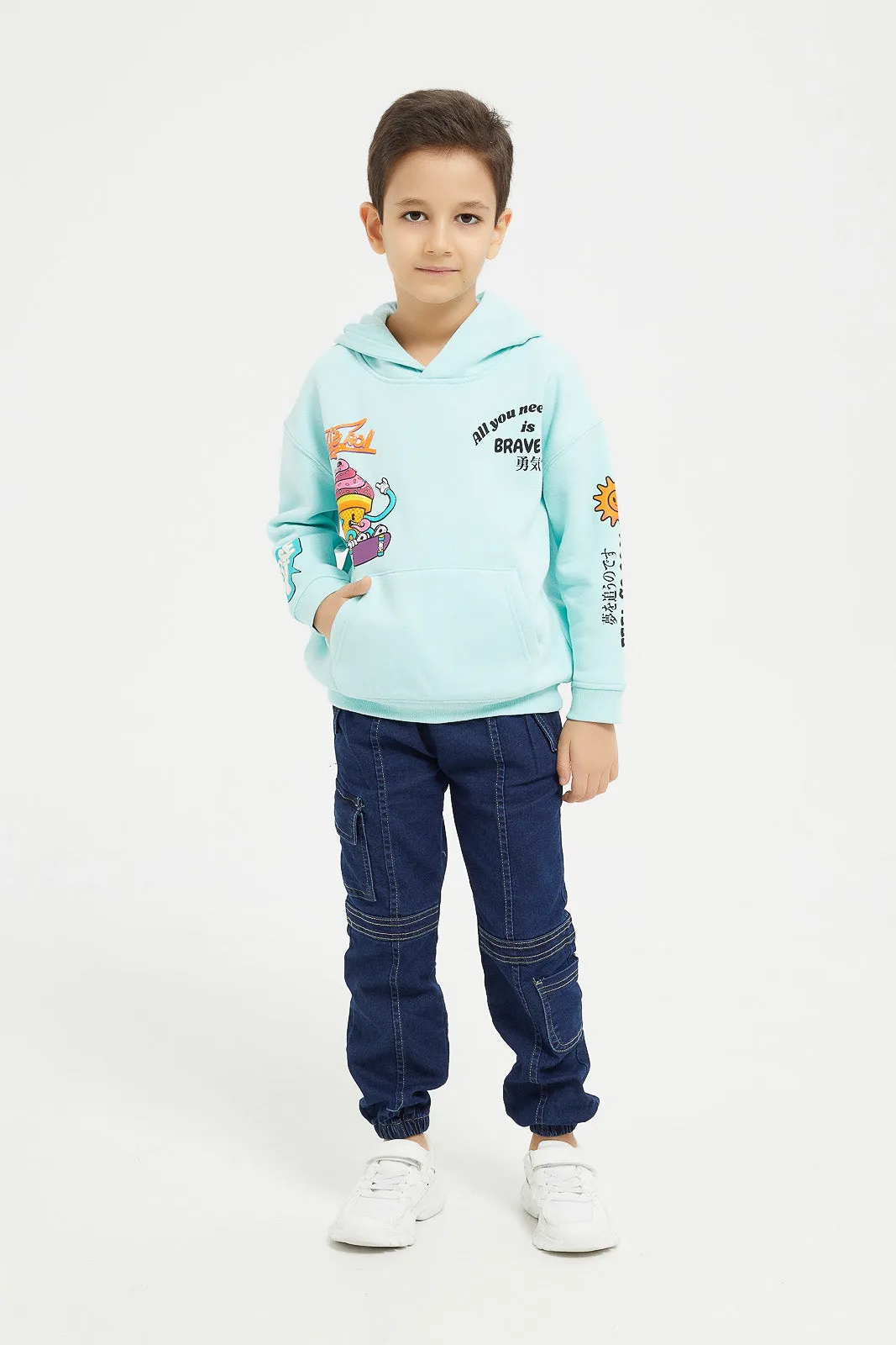 Boys Blue Printed Hooded Sweatshirt