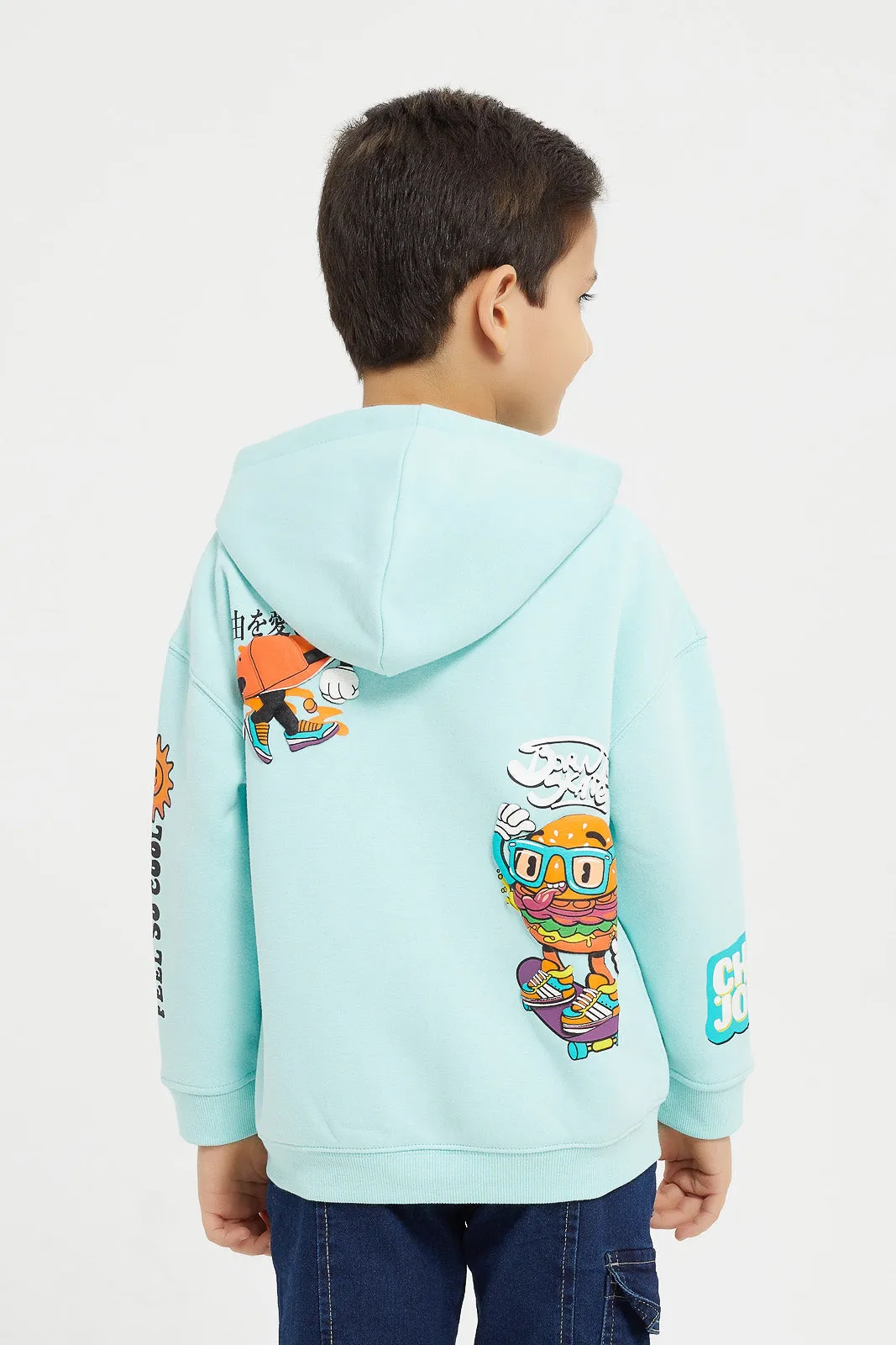 Boys Blue Printed Hooded Sweatshirt