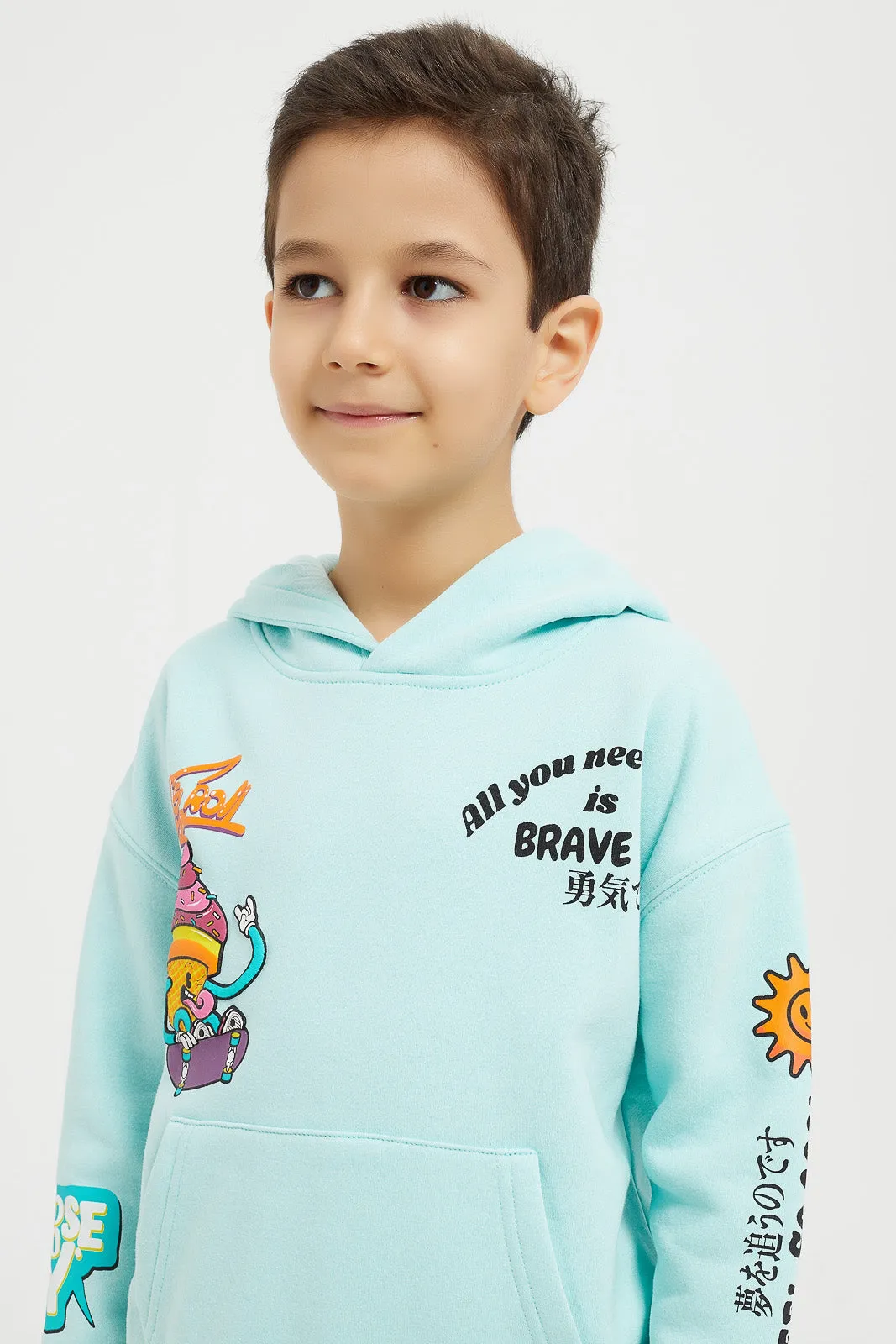 Boys Blue Printed Hooded Sweatshirt