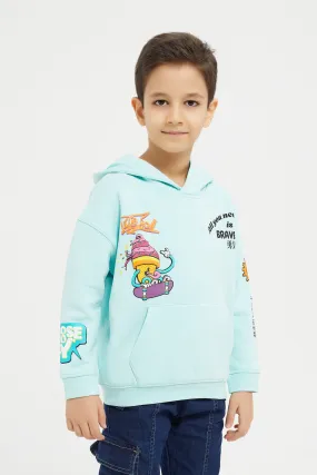 Boys Blue Printed Hooded Sweatshirt