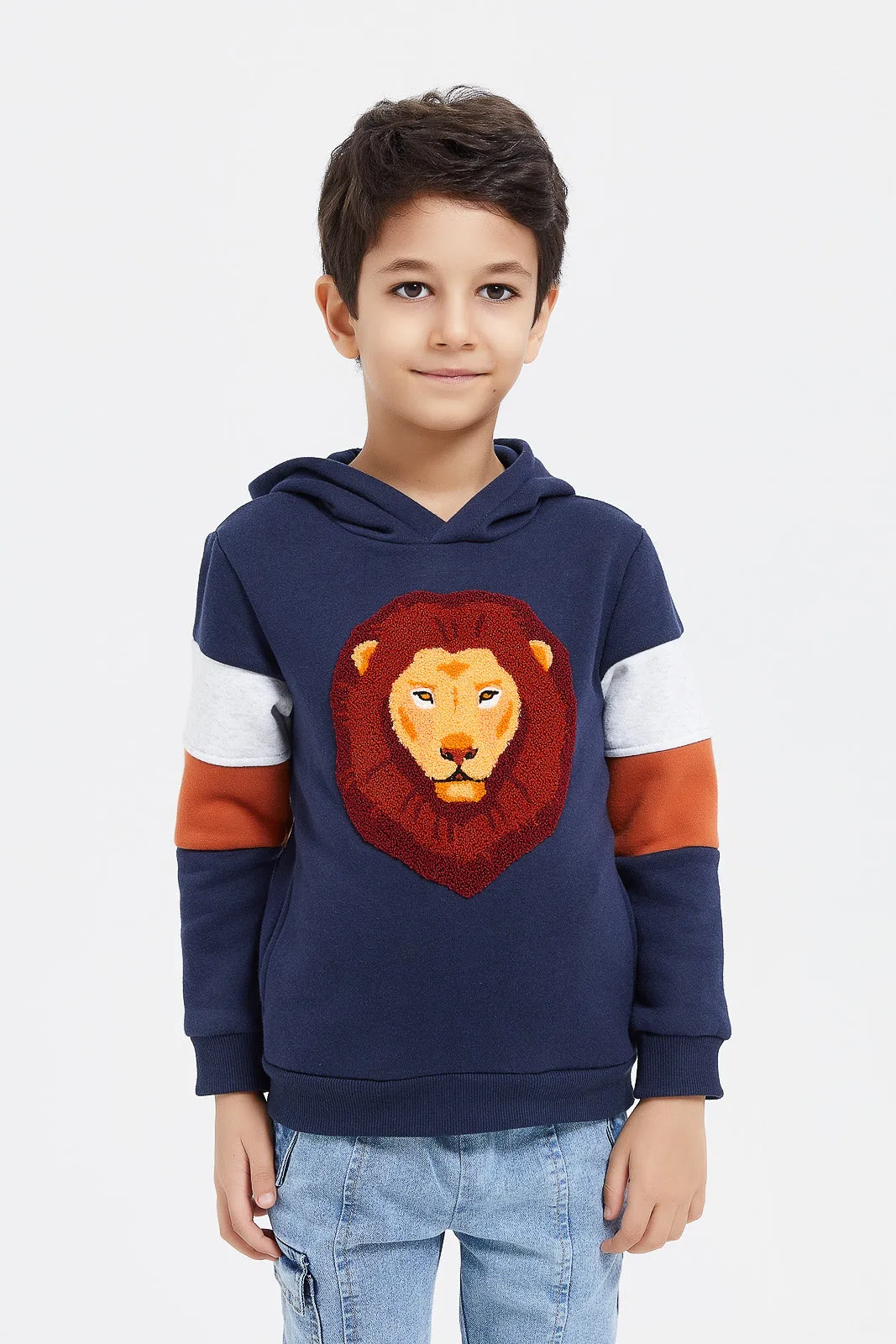 Boys Navy Lion Embroidery Hooded Sweatshirt