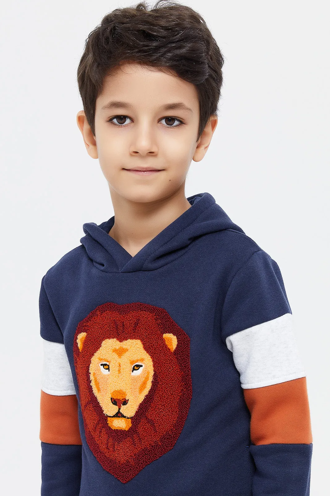 Boys Navy Lion Embroidery Hooded Sweatshirt