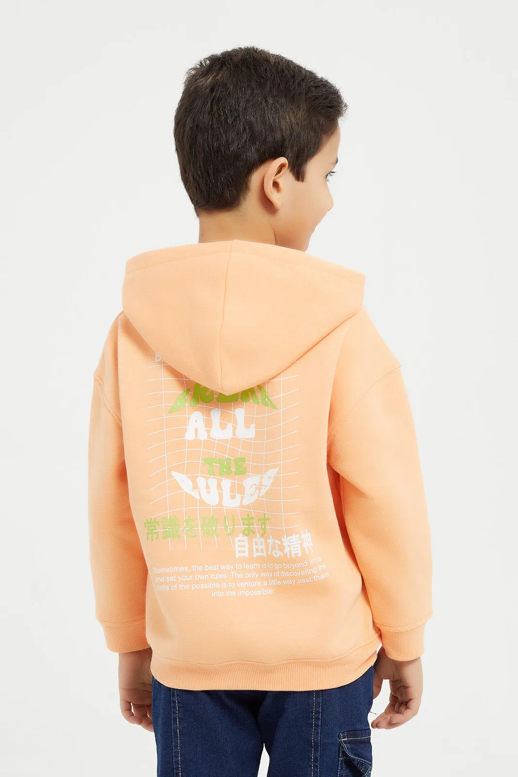 Boys Orange Printed Hooded Sweatshirt