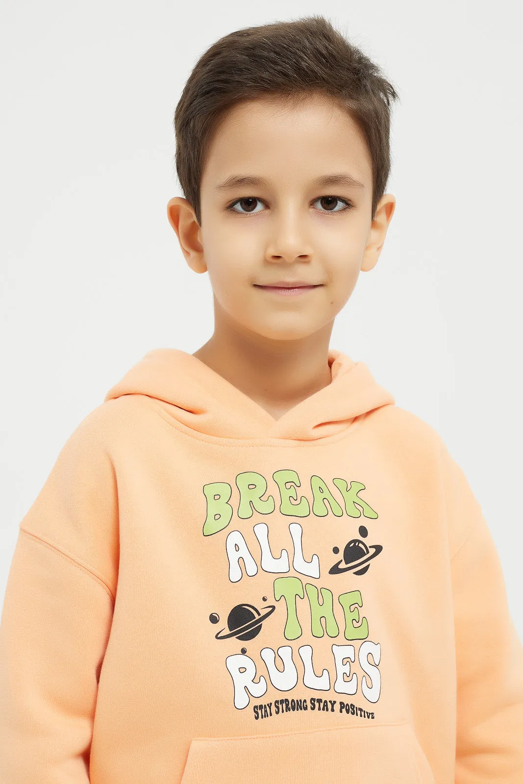 Boys Orange Printed Hooded Sweatshirt