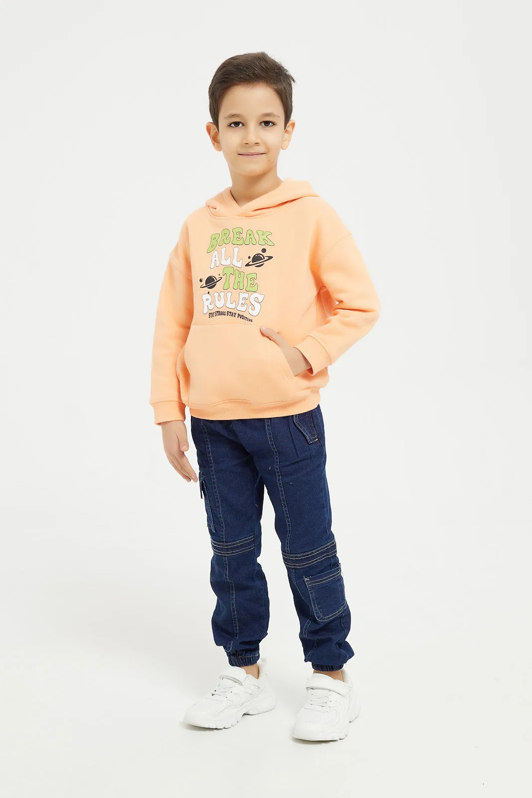 Boys Orange Printed Hooded Sweatshirt