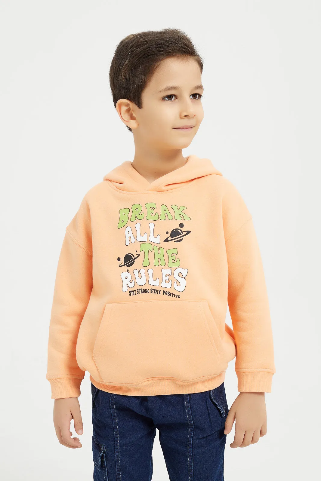 Boys Orange Printed Hooded Sweatshirt