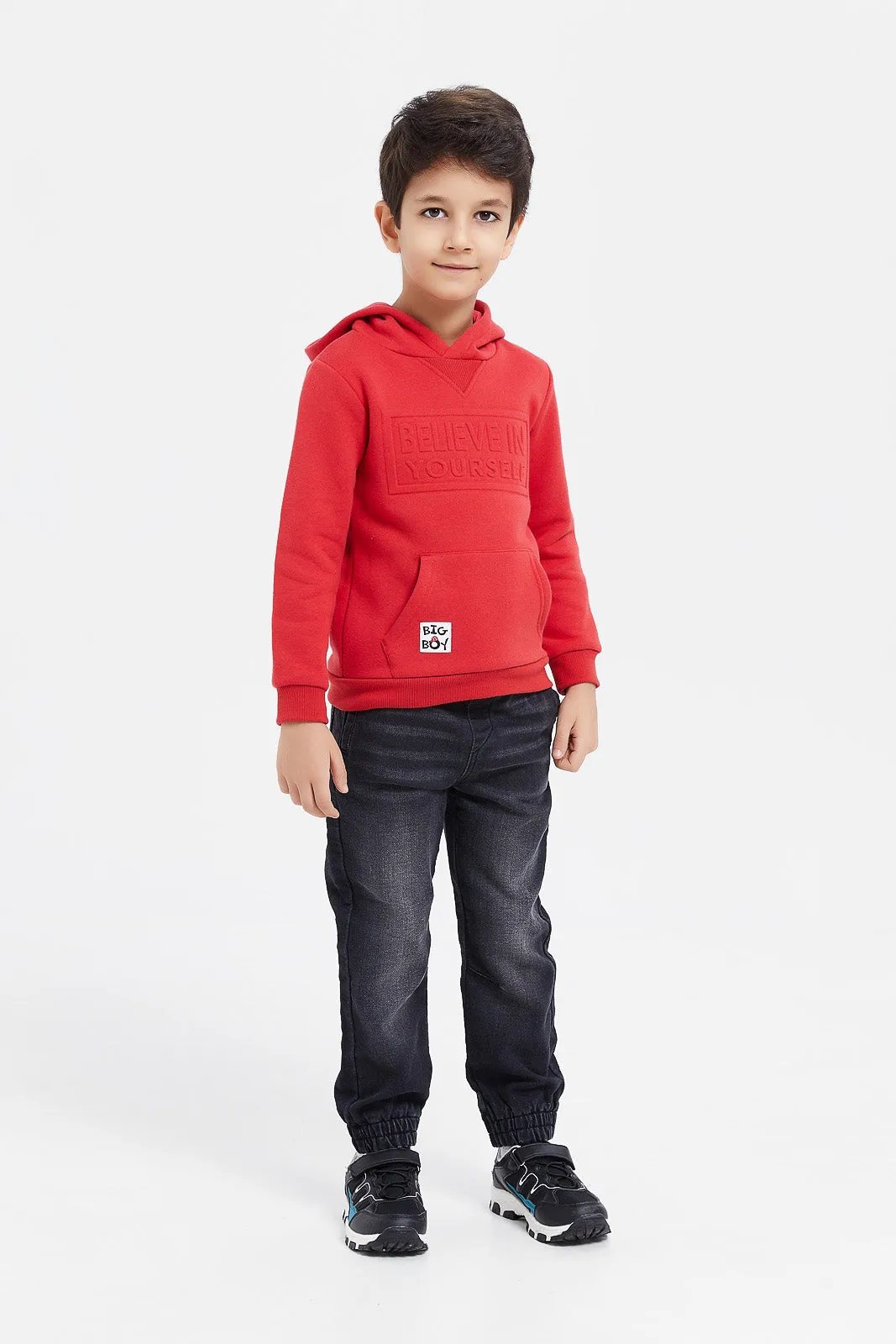 Boys Red Embossed Kangaroo Pocket Sweatshirt