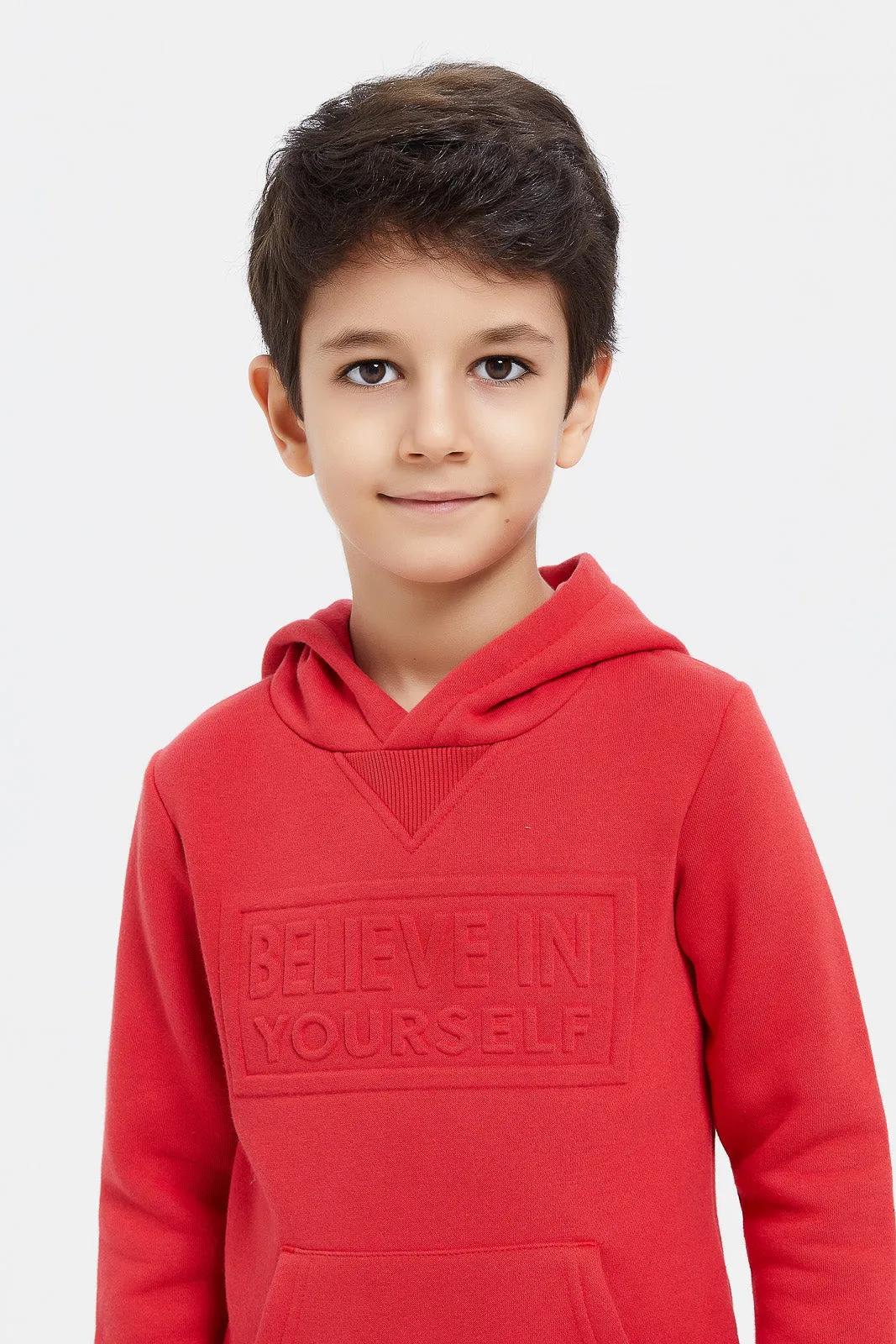 Boys Red Embossed Kangaroo Pocket Sweatshirt