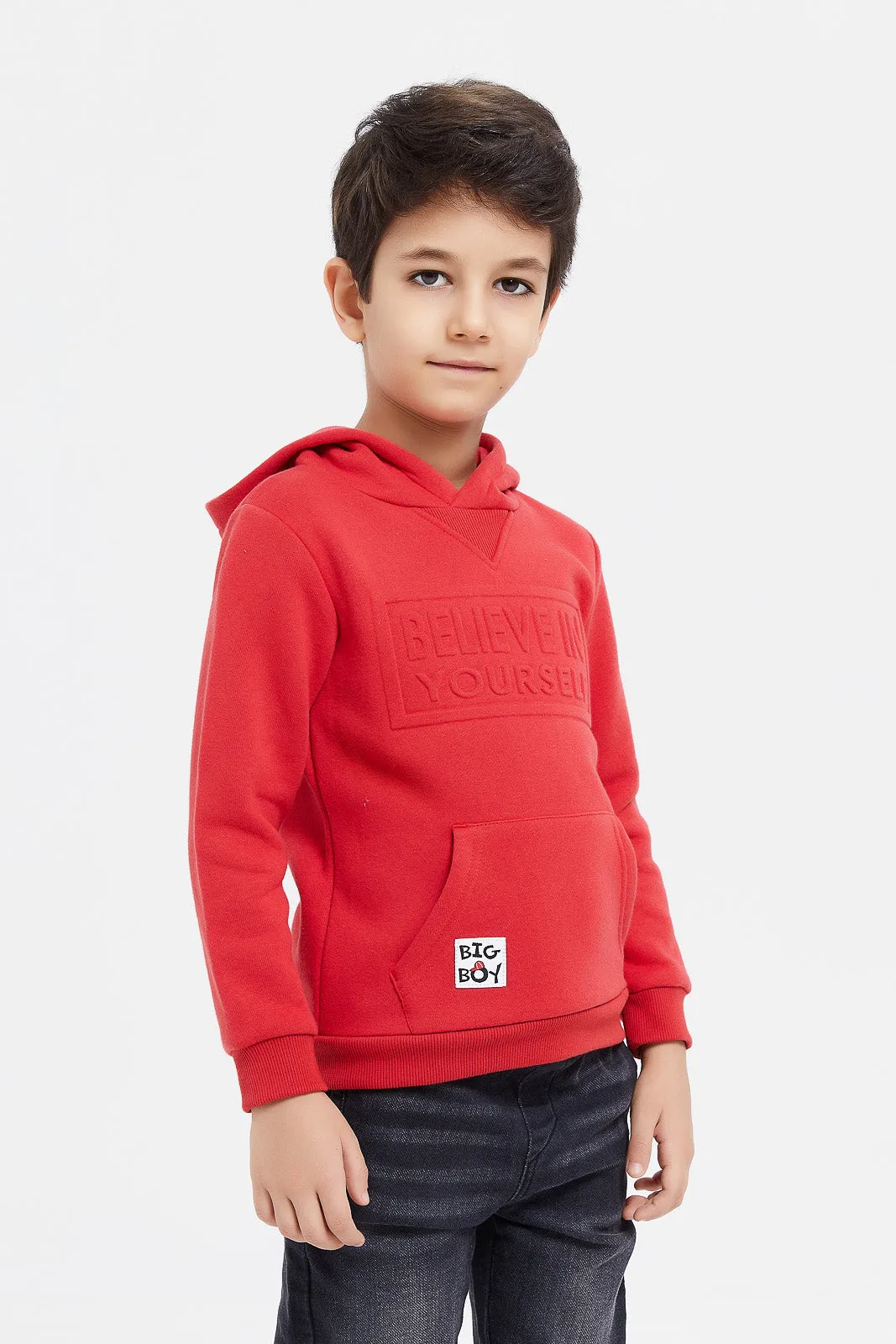 Boys Red Embossed Kangaroo Pocket Sweatshirt