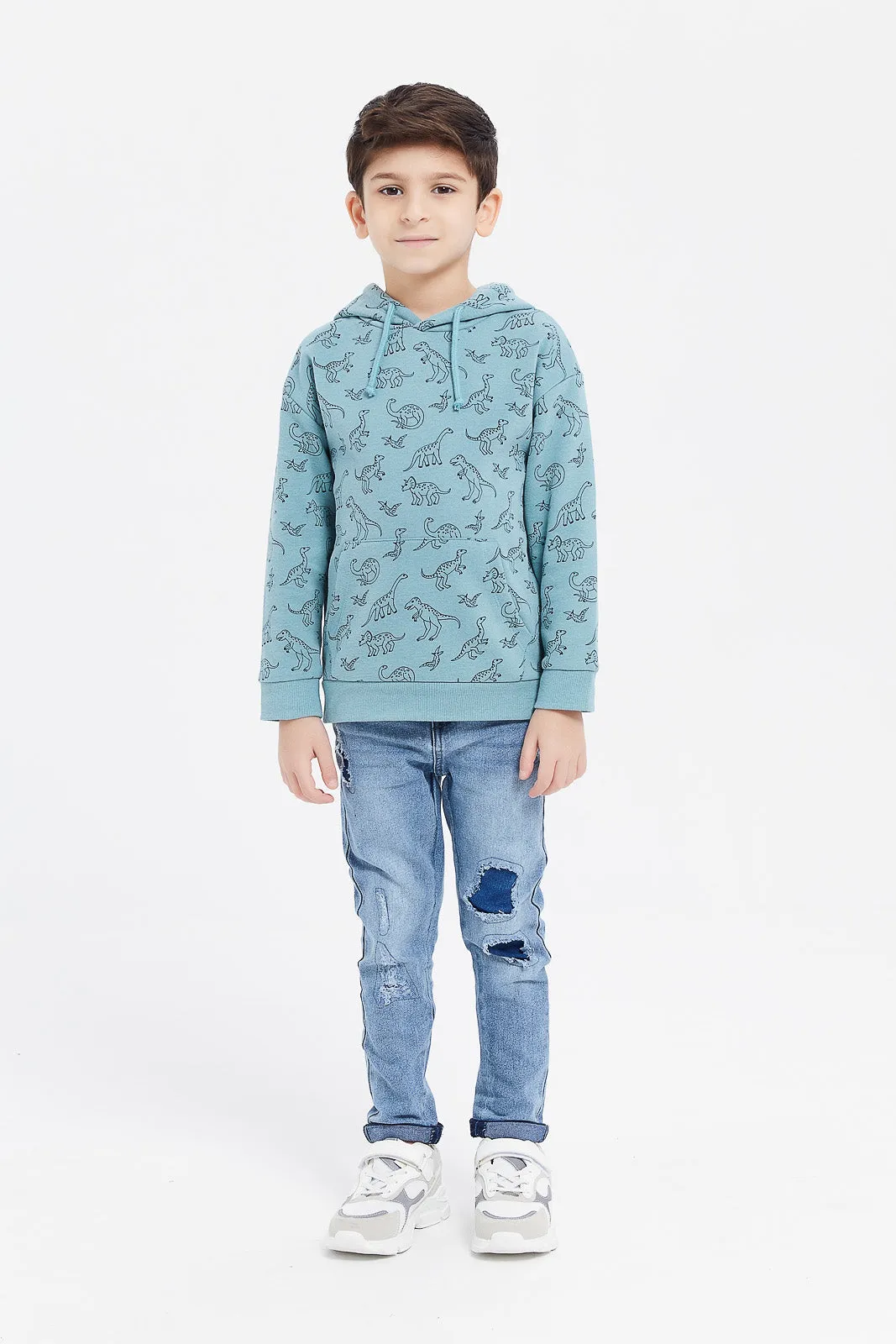 Boys Teal Dino Print Oversize Sweatshirt