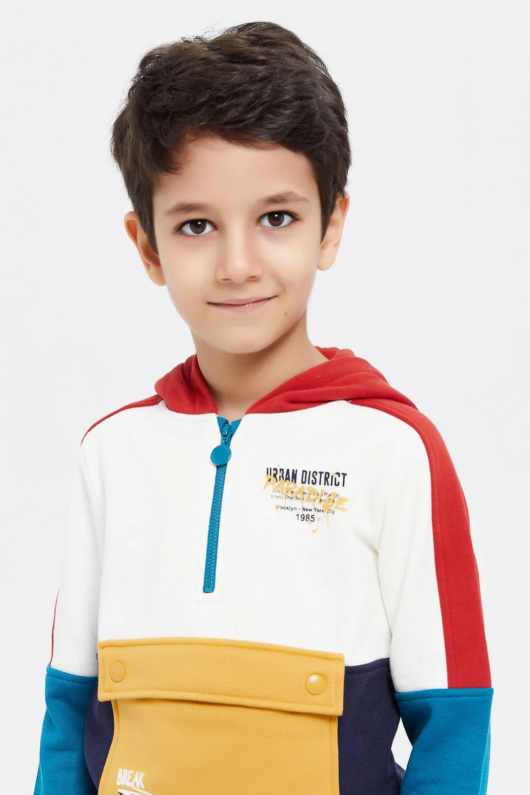 Boys White Paneled Flap Pocket Hooded Sweat