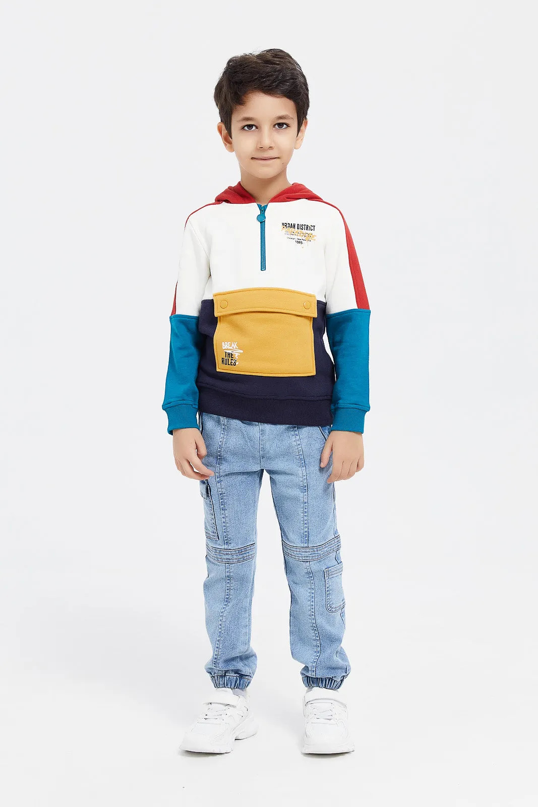 Boys White Paneled Flap Pocket Hooded Sweat