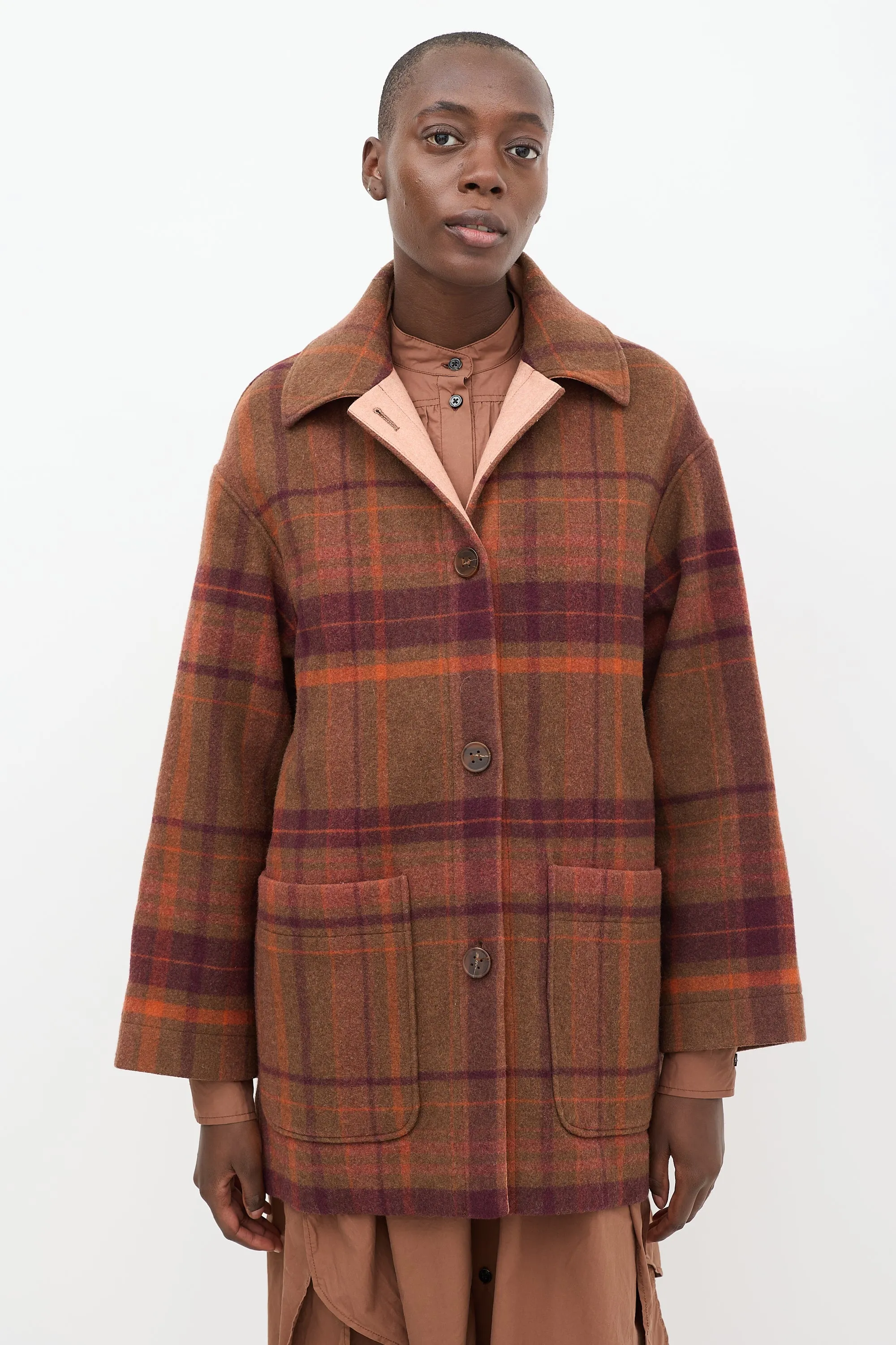 Brown & Multi Wool Plaid Coat