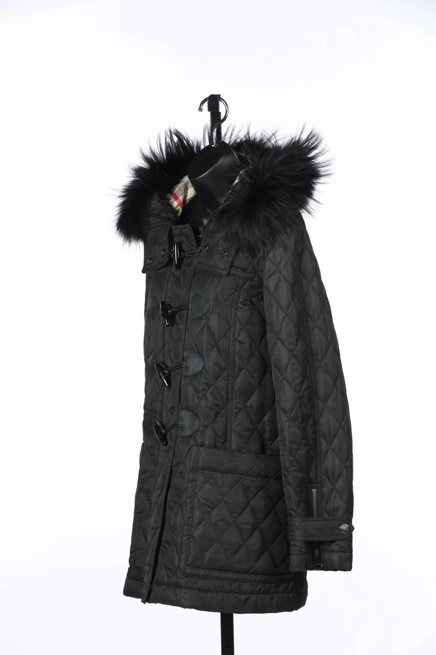 Burberry Brit Black Quilted Coat w/ Fur Lined Hood