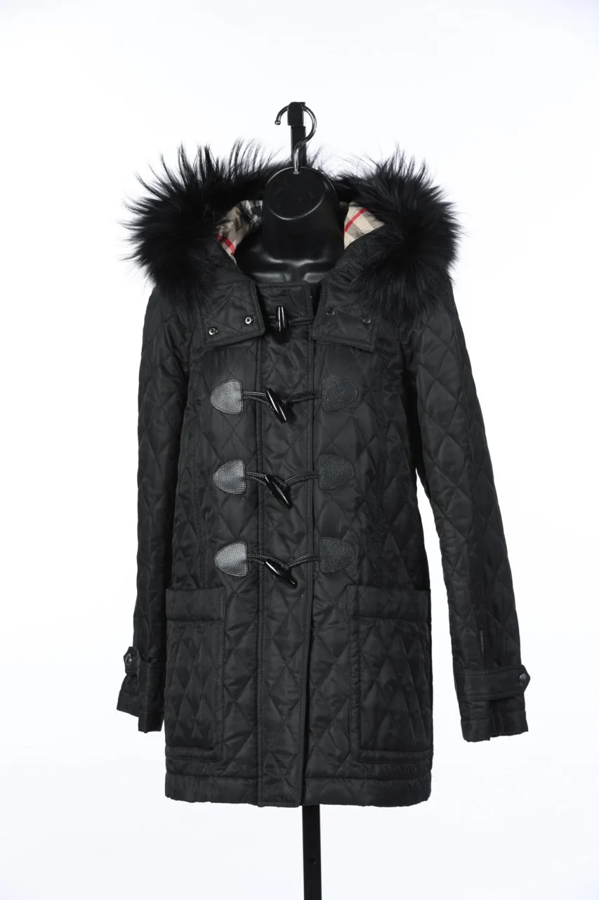 Burberry Brit Black Quilted Coat w/ Fur Lined Hood