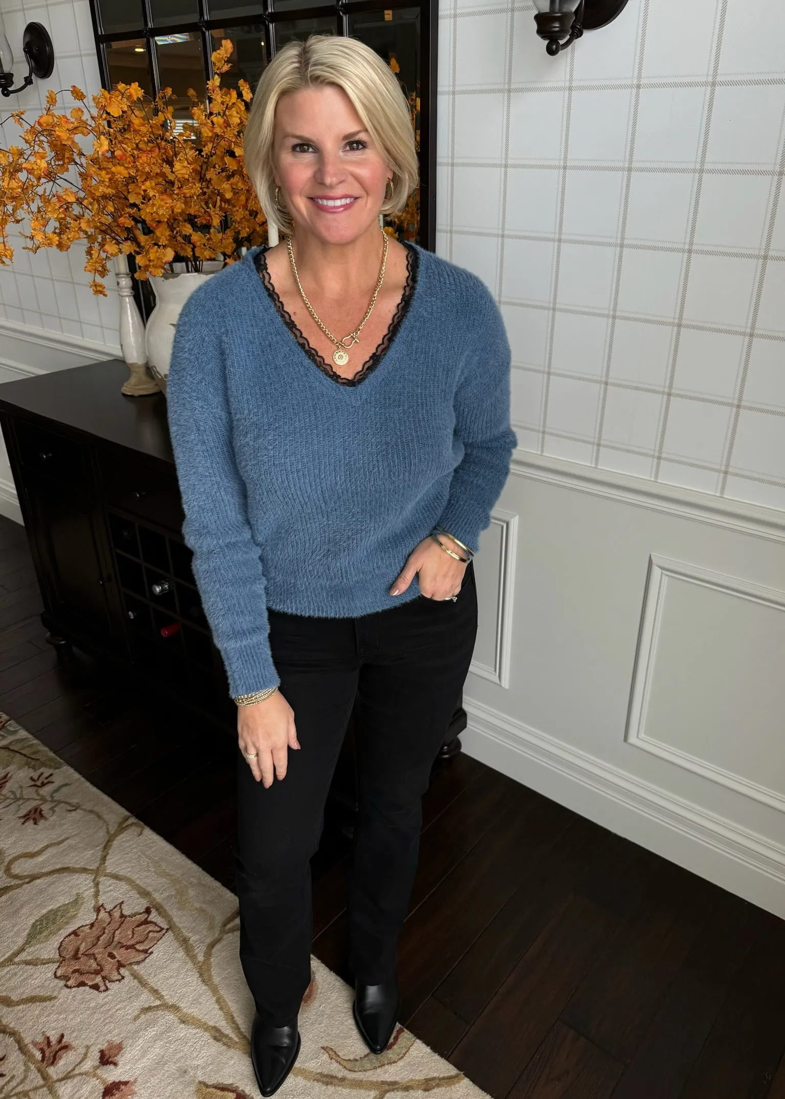 Buttery Soft Blue Sweater with Lace V-Neck Trim