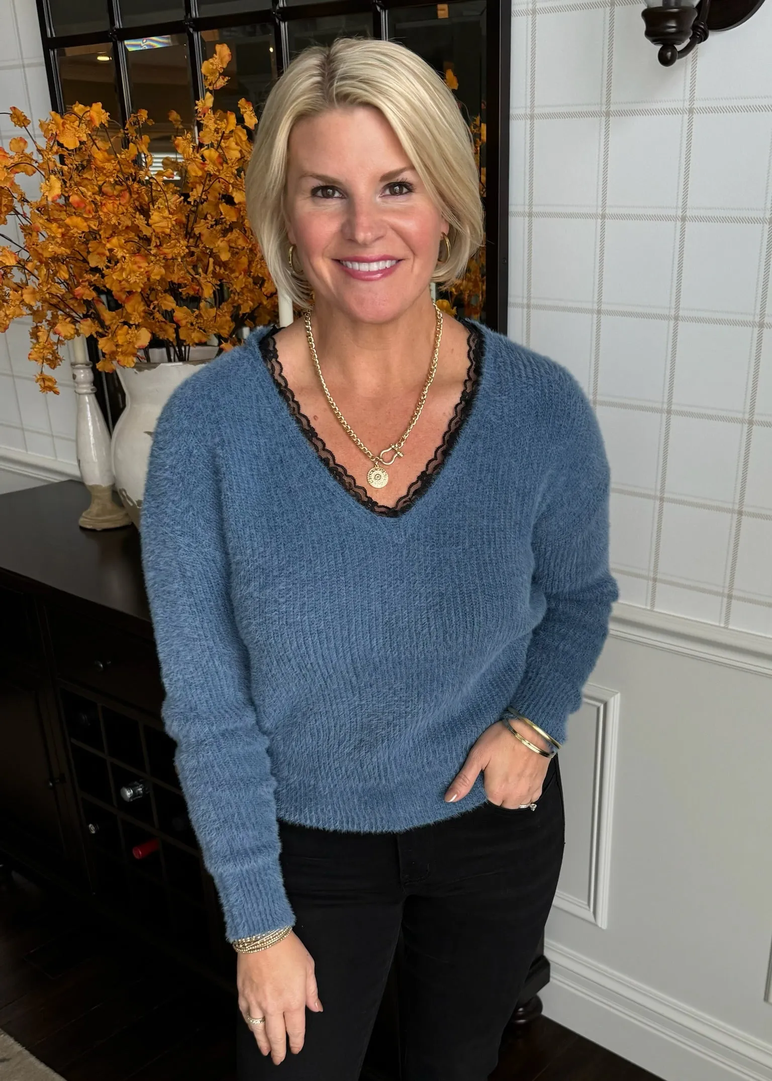 Buttery Soft Blue Sweater with Lace V-Neck Trim