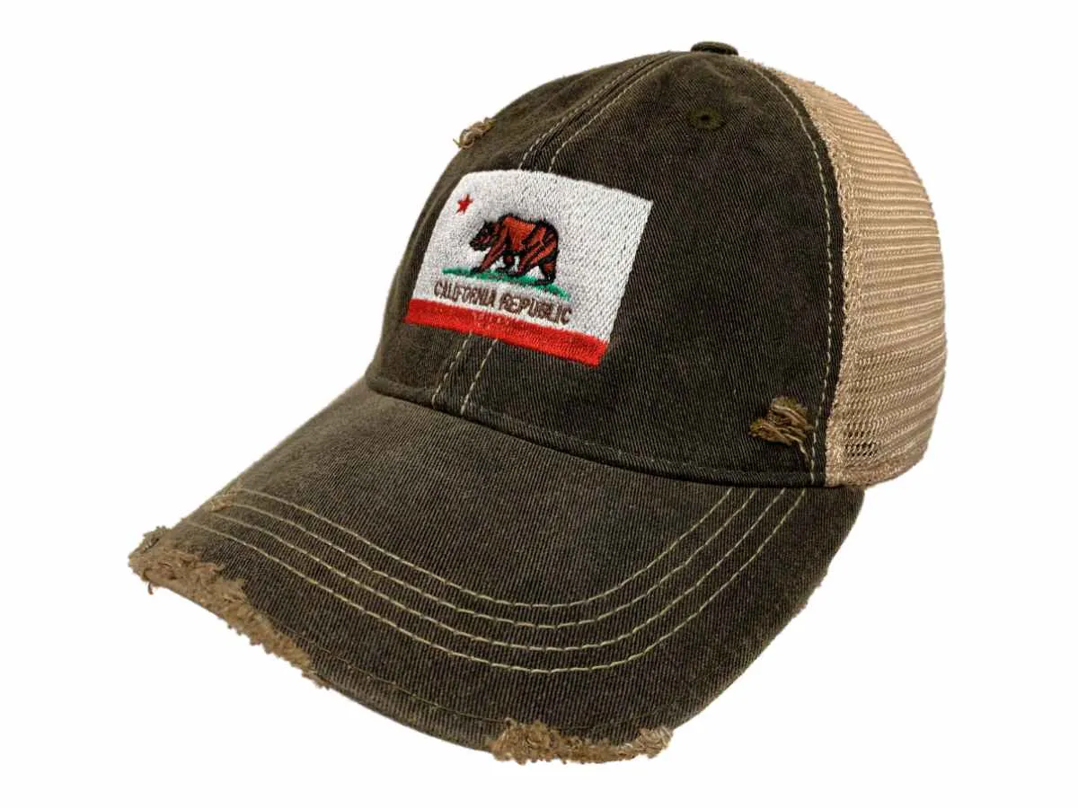 California Republic Flag Retro Brand Mudwashed Distressed Mesh Snapback Hat Cap