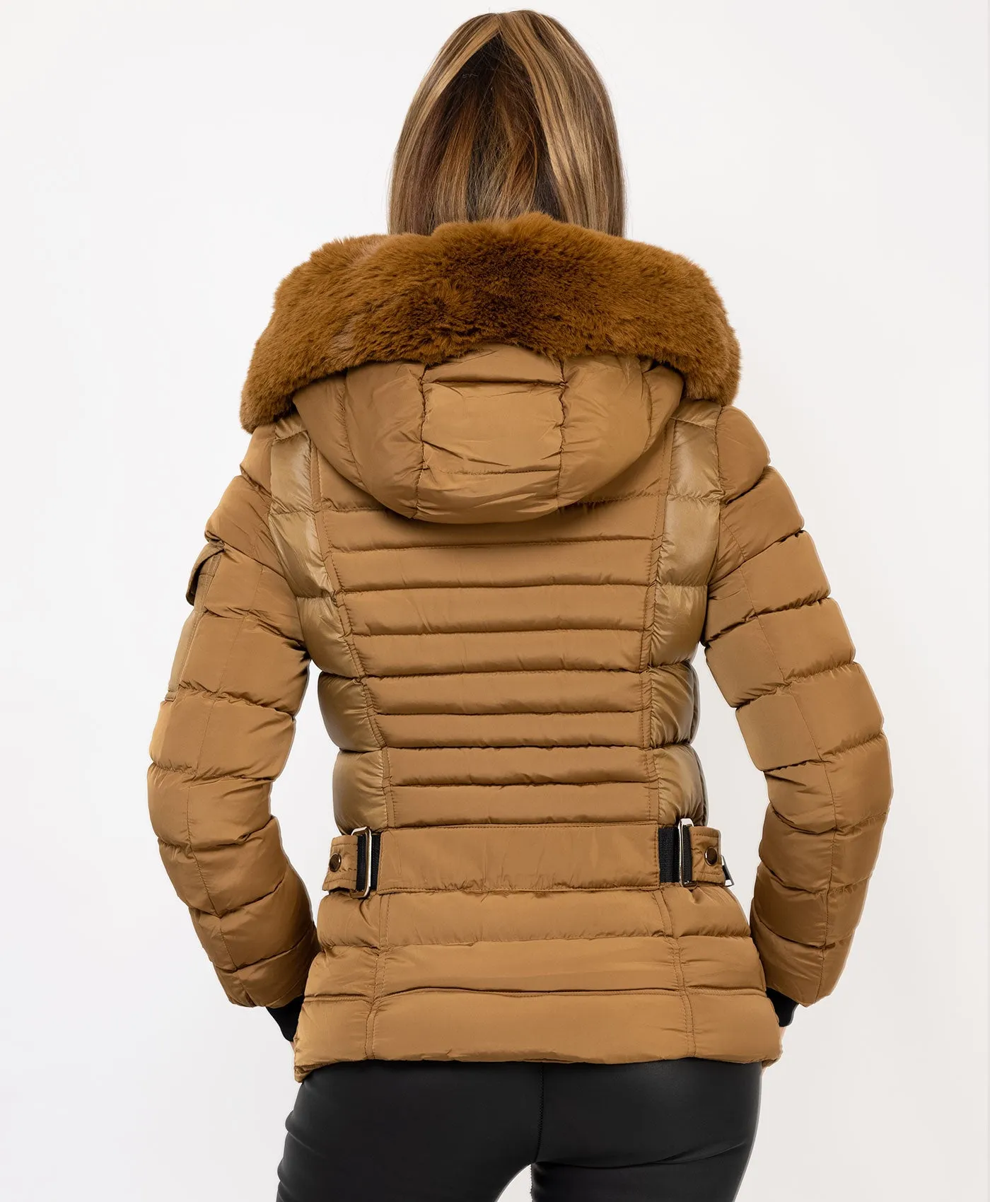 Camel Padded Quilted Faux Fur Hood Puffer Jacket Coat