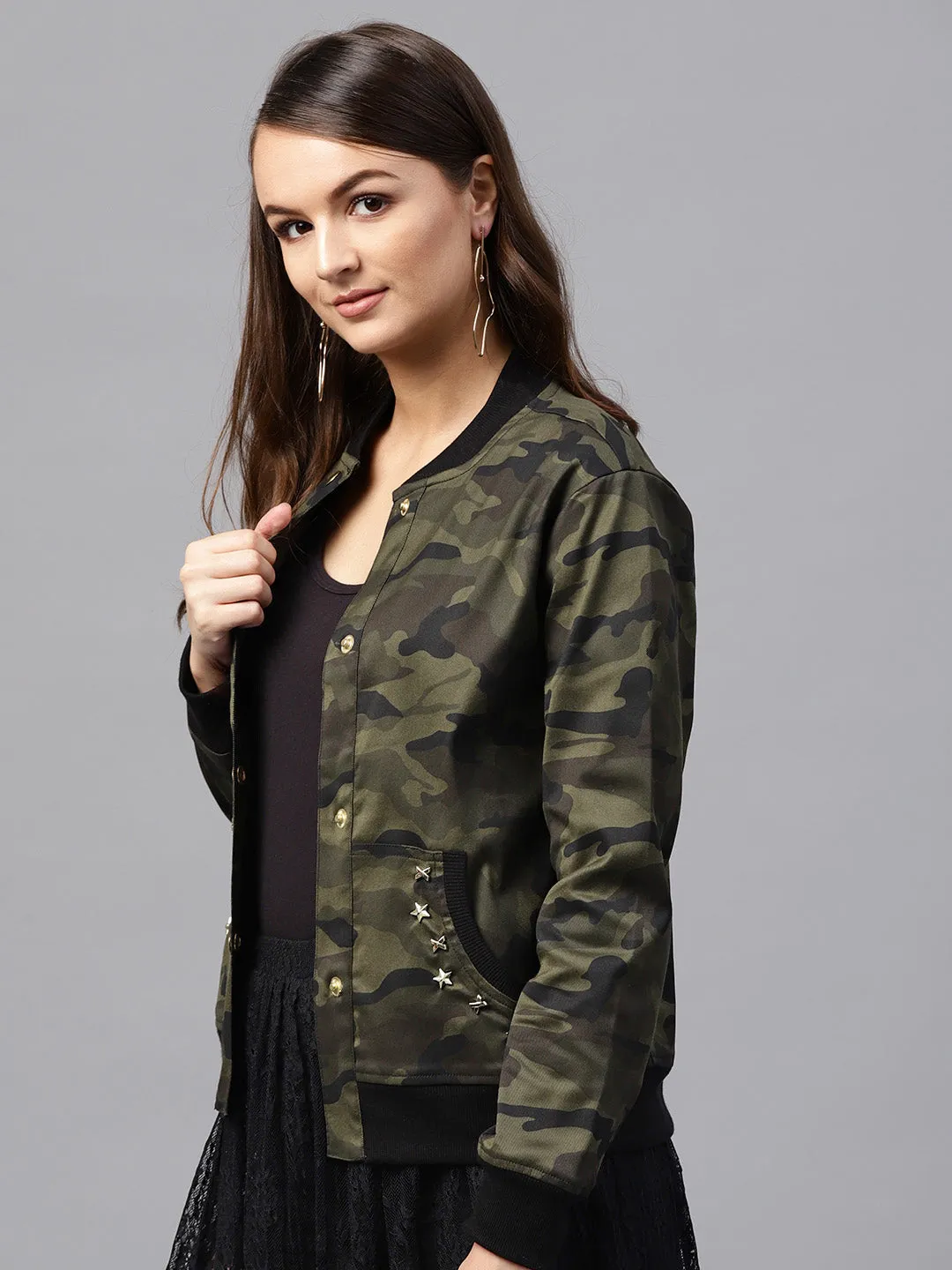 Camouflage Buttoned Bomber Jacket