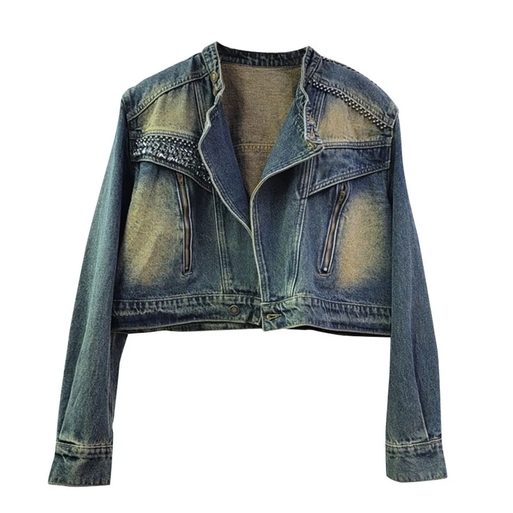 Casual Denim Jackets For Women Stand Collar Long Sleeve Patchwork Diamonds Loose Jacket Female Fashion Clothing