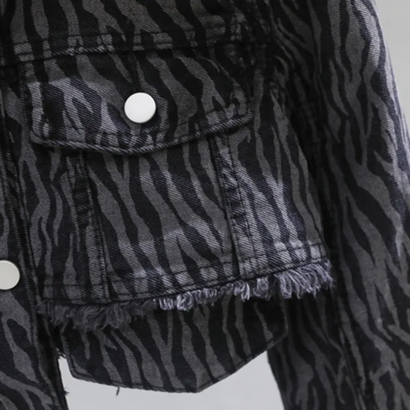 Casual Zebra Pattern Denim Jacket For Women Lapel Long Sleeve Korean Short Loose Jackets Female Spring Fashion