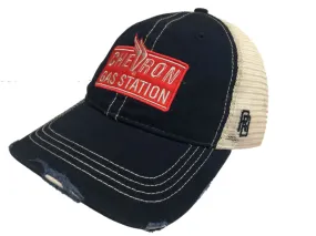 Chevron Gas Station Retro Brand Navy Distressed Mesh Snapback Hat Cap