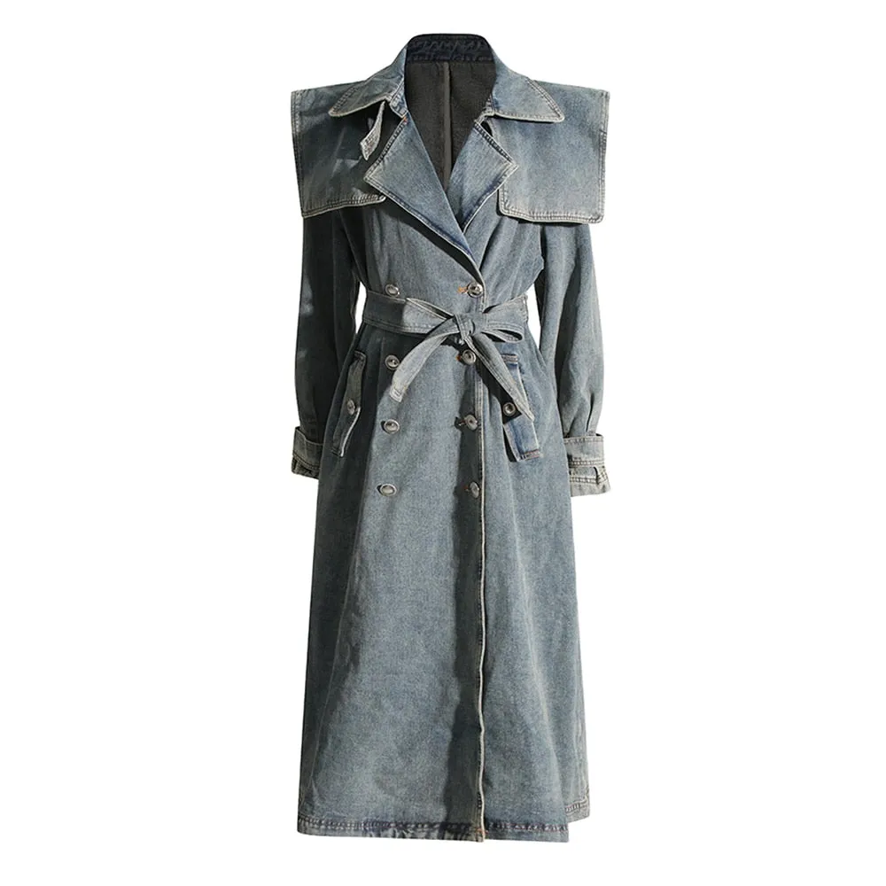 Chic Denim Trenches For Women Lapel Long Sleeve Paatchwork Belt Tunic Spliced Pockets Long Trench Female Fashion