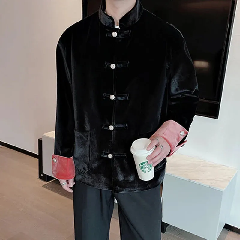 Chinese Style Suit Jacket Metal Buckle Stand Collar Trend Casual Long Sleeve Single Breasted Contrasting Color 9C5348