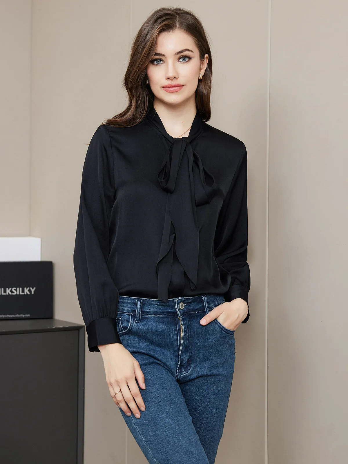 Clearance(US Warehouse) -Bow Tie Silk Blouse Shirt