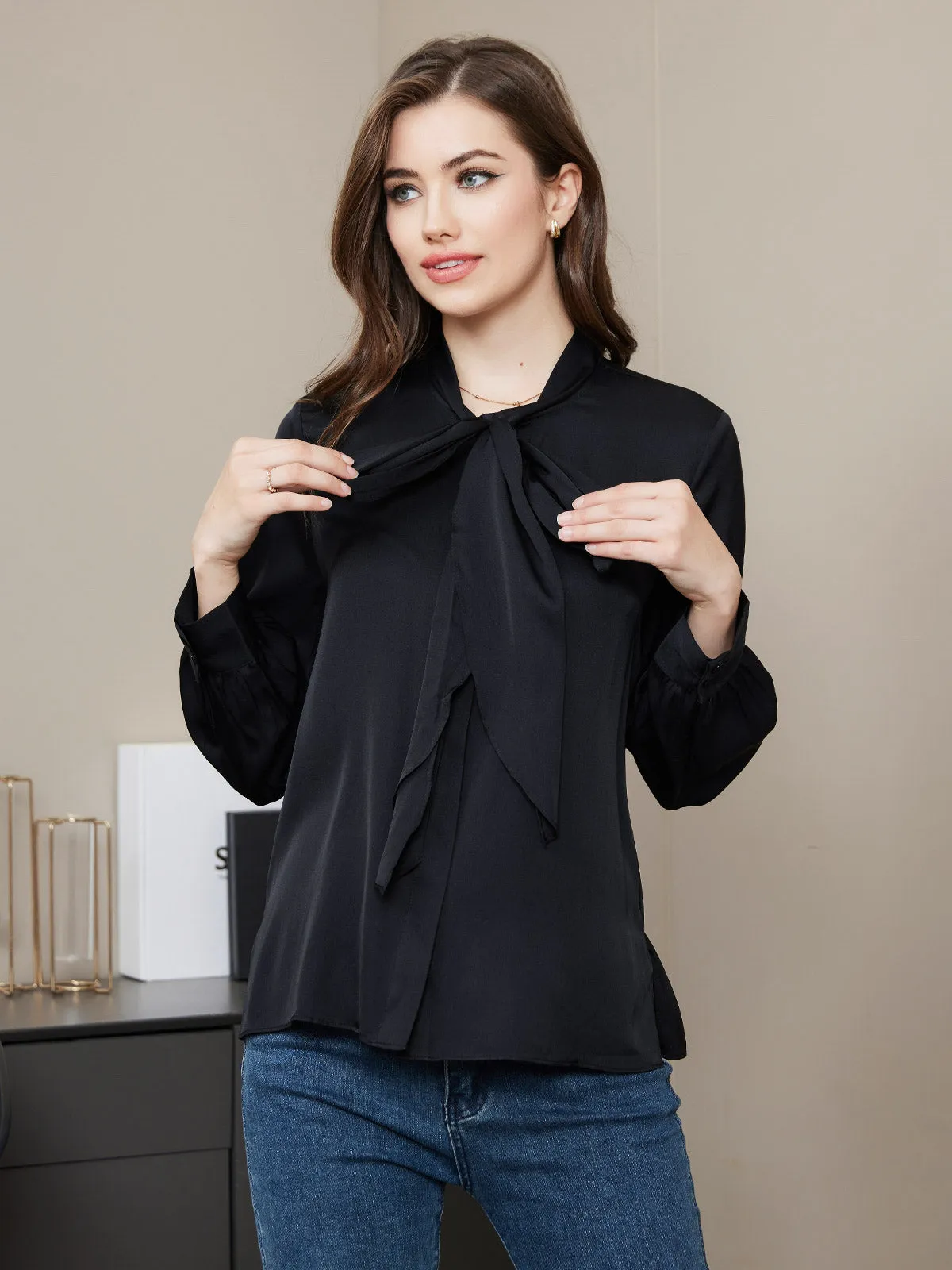 Clearance(US Warehouse) -Bow Tie Silk Blouse Shirt