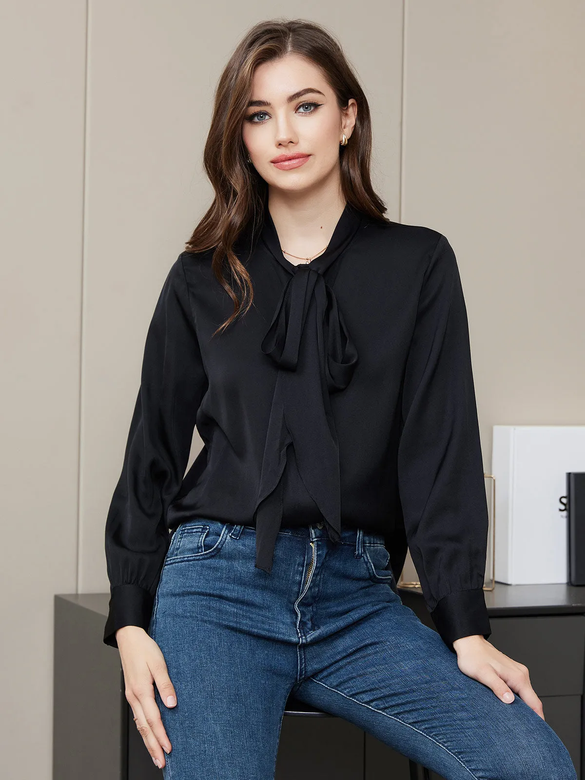 Clearance(US Warehouse) -Bow Tie Silk Blouse Shirt