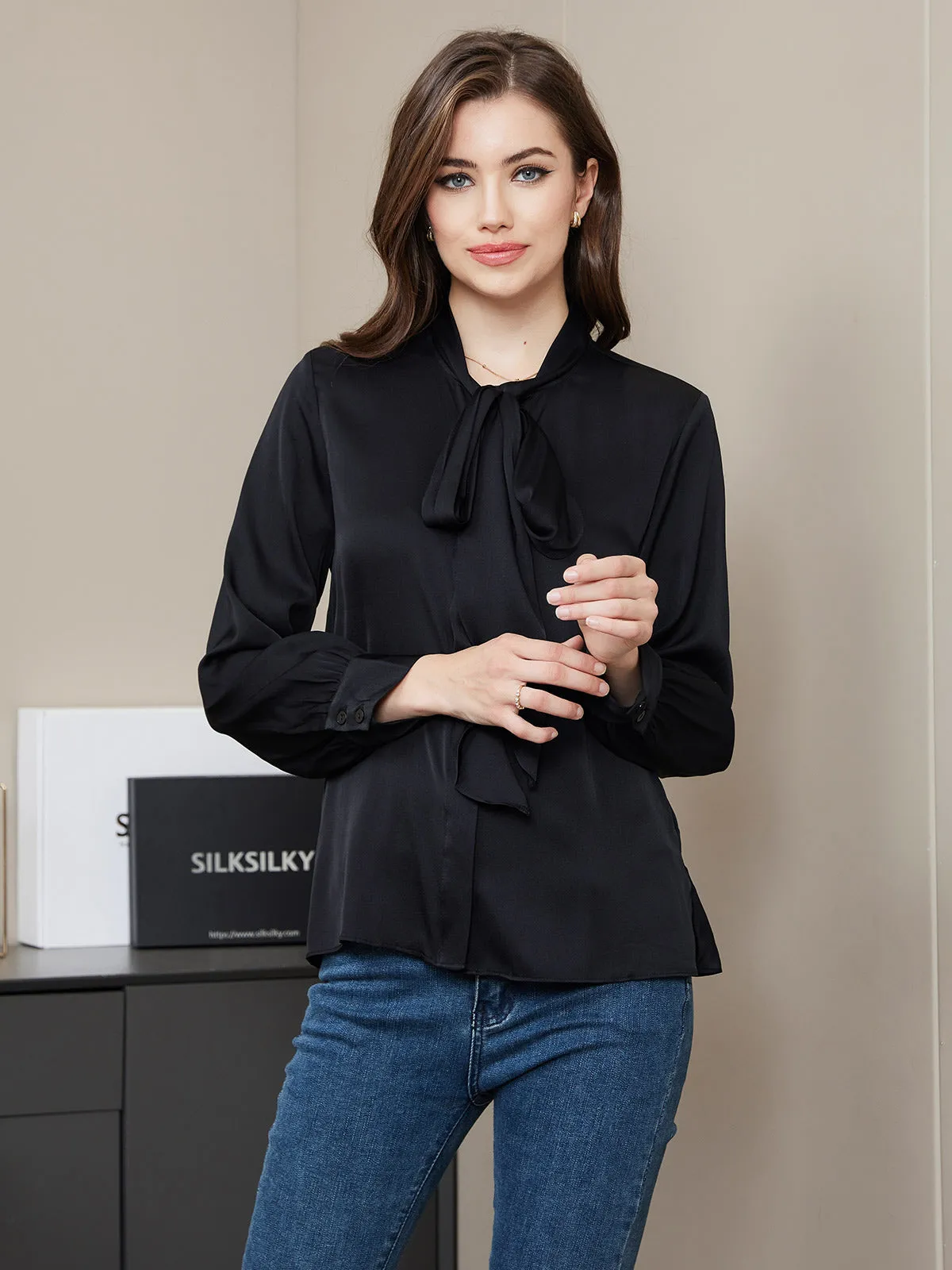 Clearance(US Warehouse) -Bow Tie Silk Blouse Shirt