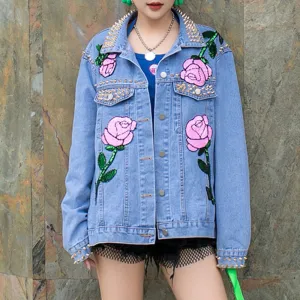 Colorblock Patchwork Rivet Designer Denim Jackets For Women Lapel Long Sleeve Spliced Floral Loose Jacket Female