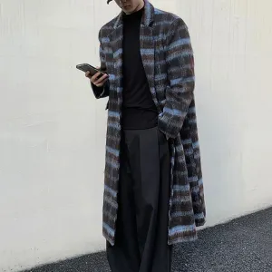 Contrast Color Male Overcoats Korean Fashion Lapel Plaid Casual Men's Long Woolen Coats Trendy Winter Chic 9C3923