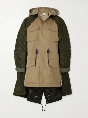 Convertible quilted shell and cotton-gabardine hooded coat