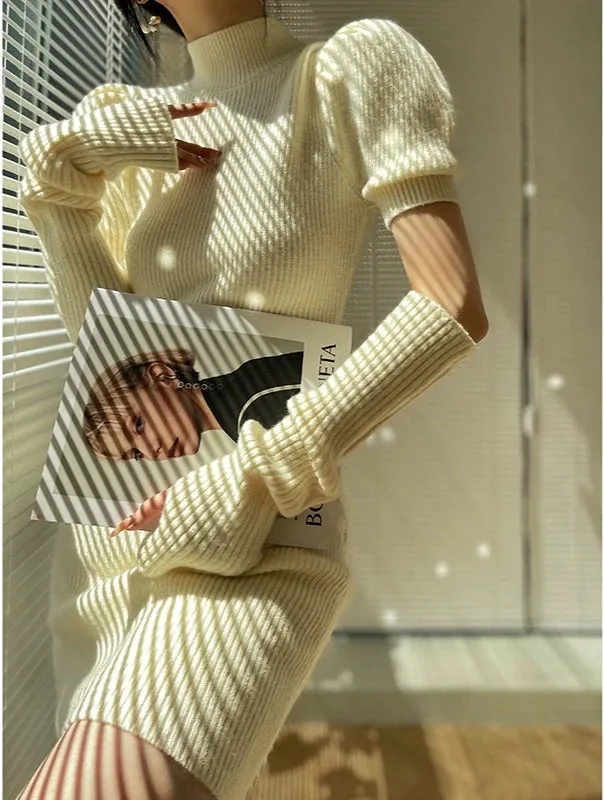 Cream milk red knitted puff sleeve sweater dress-  Mousse Milk Puff